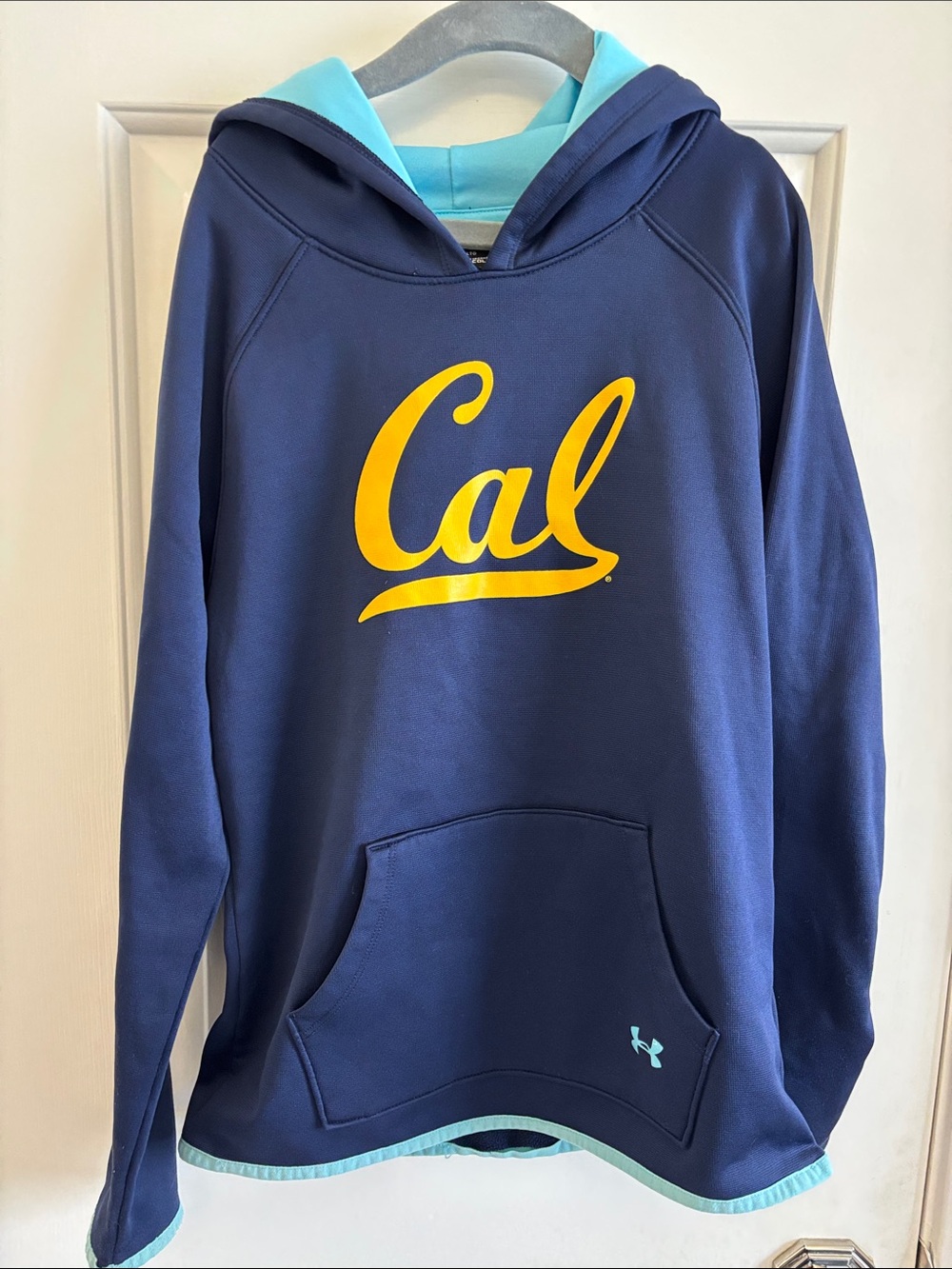 Under Armour Navy Hoodie with Yellow Cal Logo and Light Blue Trim